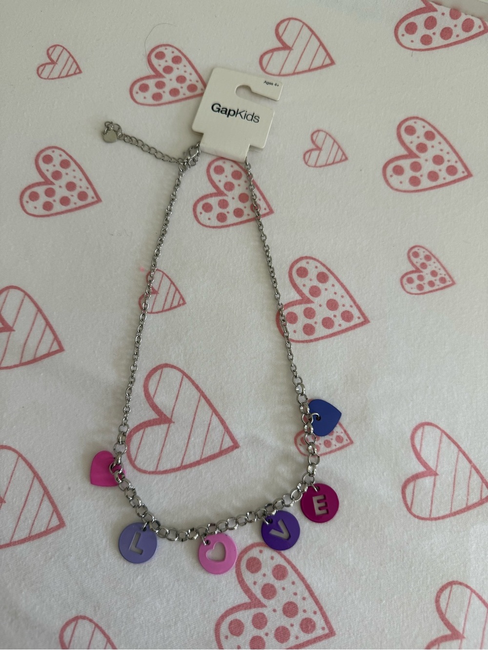 GAP Silver Tone Adjustable LOVE Necklace with Pink, Purple & Blue Charms NWT